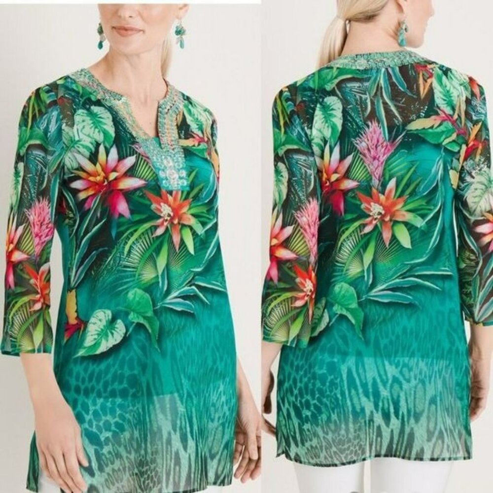 Chico's Green Tropical Print Embellished Y Neck Sheer Blouse Resort Bling Fun